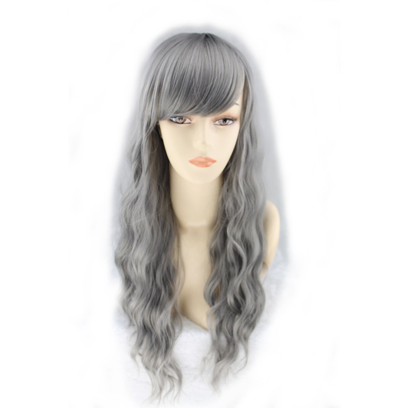 WoodFestival Grandmother grey wig long synthetic fiber wig women kinky curly wigs bangs natural cheap hair wigs wavy 70cm 28 inch