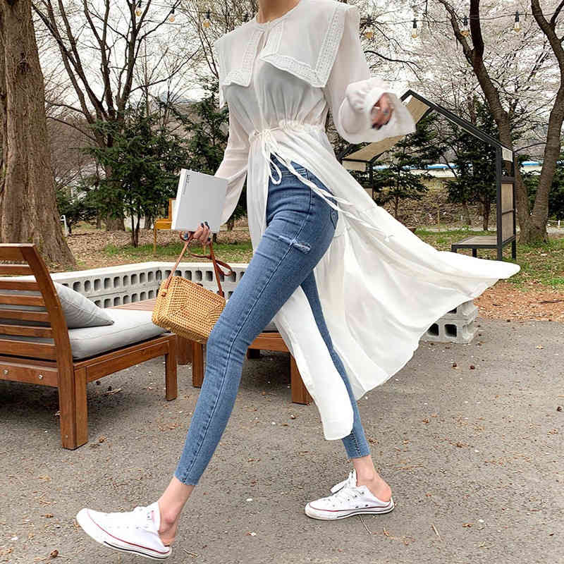 Skinny jeans Woman Korean Style Blue Leggings Hole Tight Pencil Pants Jeans High-Waisted Denim Ankle Length-Pants 756F 210420