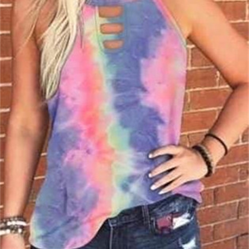 Leopard Sexy Hollow Out O-neck Sleeveless Tank Top Women Summer Casual Loose Pink Tie Dye Tops for Plus Size Vest 3XL 210604