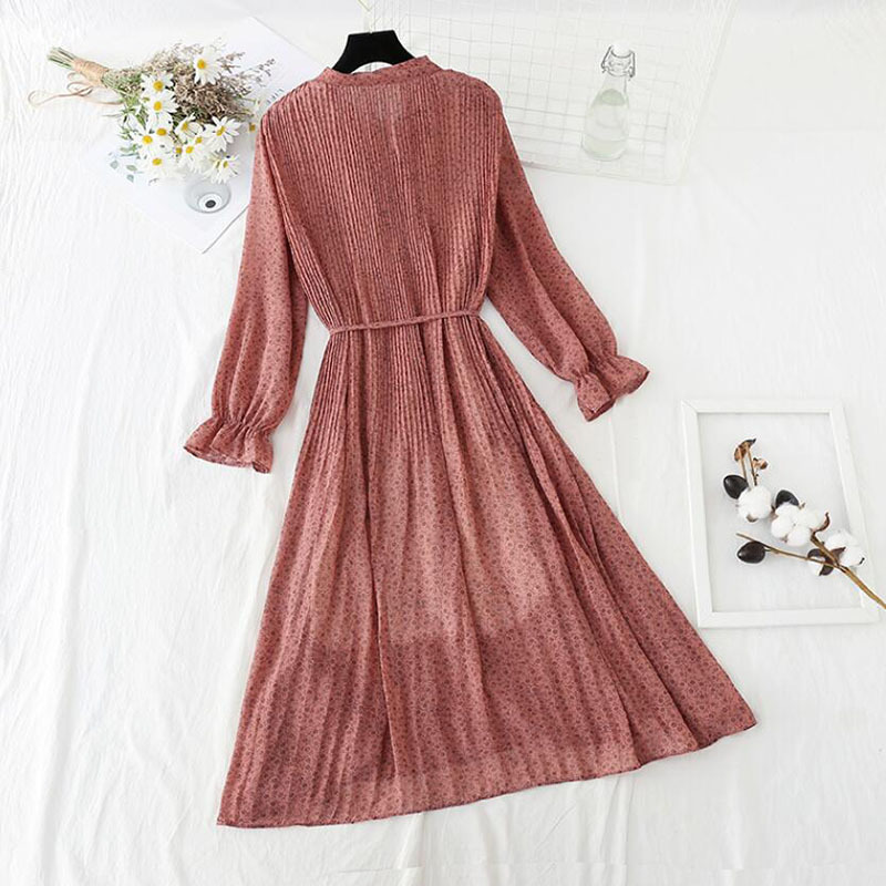 Spring Chiffon Floral Dress Women Vintage Long Sleeve Female Pleated Midi Dress Elegant Sashes Party Vestidos Femme 210521