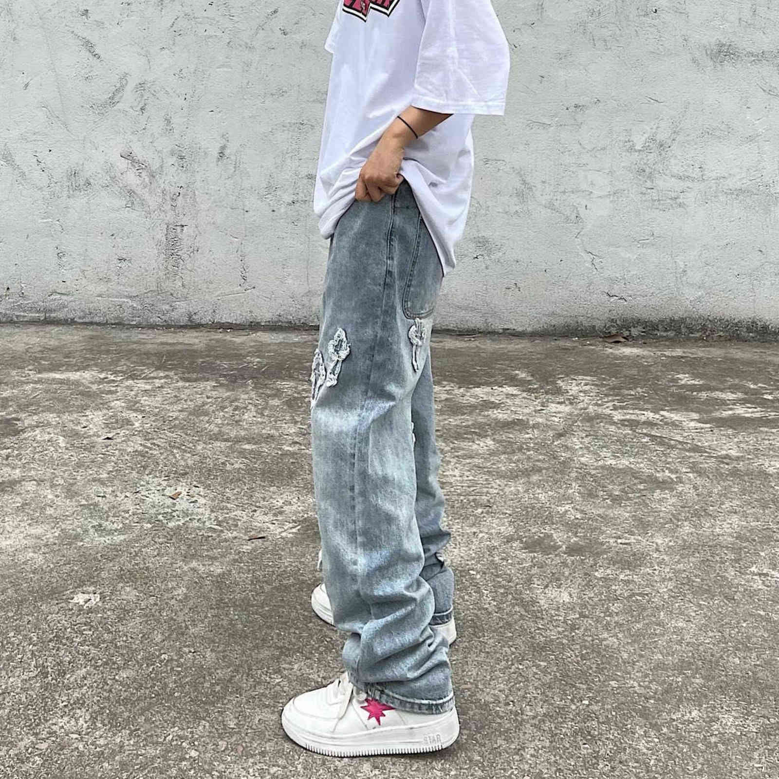 Men Fashion High Street Trousers Embroidery Cross Jeans Men/women Streetwear Loose Hiphop Casual Trousers Men Clothing 211120