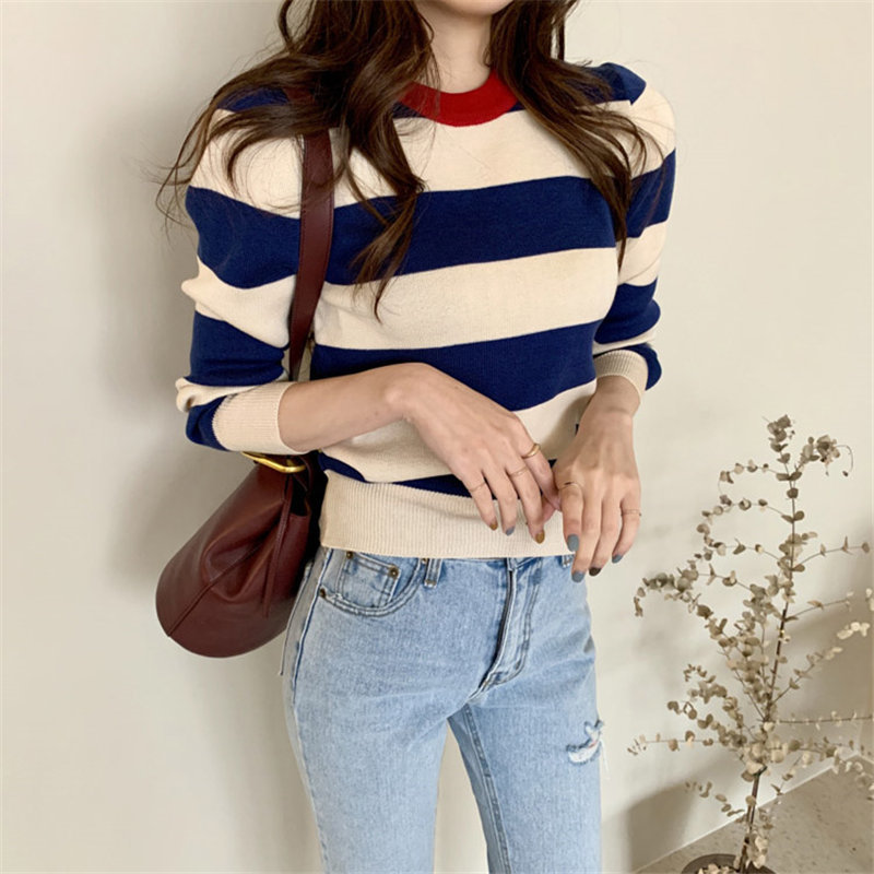 Striped Color-Hit Jumpers Office Lady Slimming Soft Warm Full-Sleeved All Match Knitted Brief Chic Basic Sweaters 210421