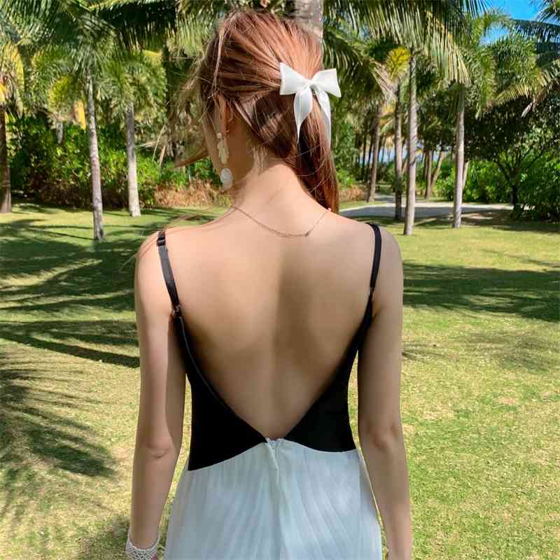 Vintage French Patchwork Asymmetrical Ruffled Vacation Dress Female Sexy Spaghetti Strap Backless Pleated Long 210520