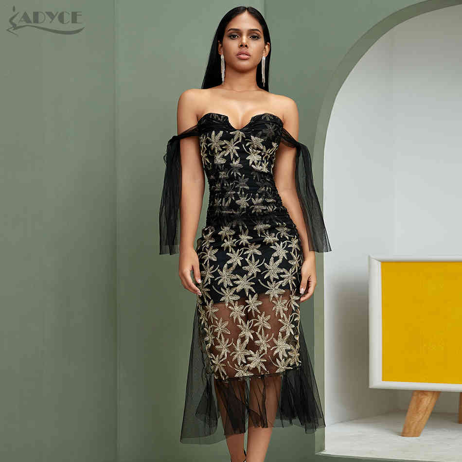 Summer Lace Off Shoulder Women Club Dress Sexy Short Sleeve Sequined Celebrity Evening Runway Party Vestido 210423