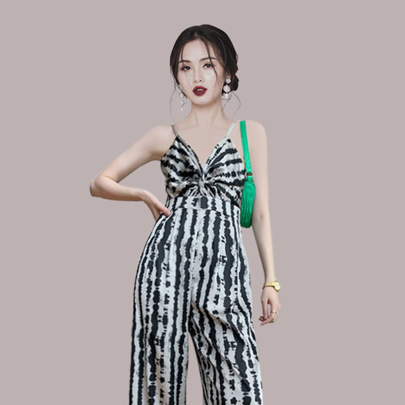 Fashion High-Waist Drape Wide-Leg Jumpsuits Sexy V-Neck Spaghetti Strap Print Leopard Jumpsuit 210520