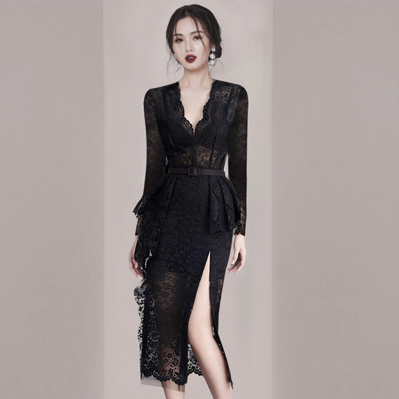 Retro Elegant Ladies Ruffles Black Pencil Dress Summer Women sleeveless V-neck High Waist Split Sexy Dresses With Belt 210518