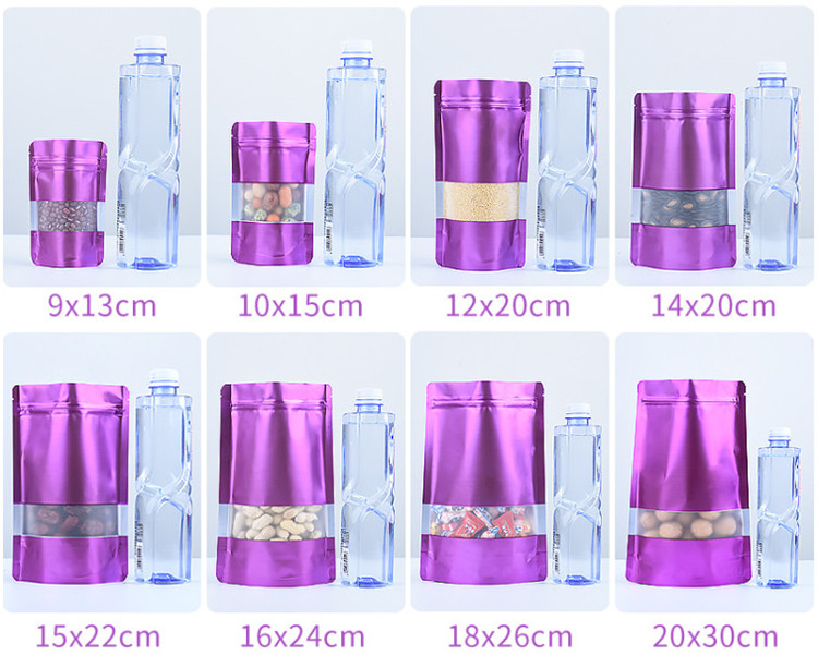 100pcs Stand up Matte Purple Window Zip Lock Aluminum Foil Bag Resealable Meat Coffee Powder Snack Nuts X-mas Wedding Gifts Heat Sealing Packaging Pou