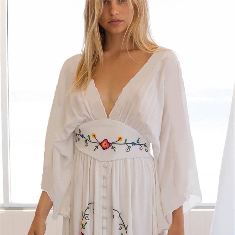 Bohemian Long Kimono Dress Floral Embroidery Vestidos Batwing Sleeve white Boho People Maxi es 210520