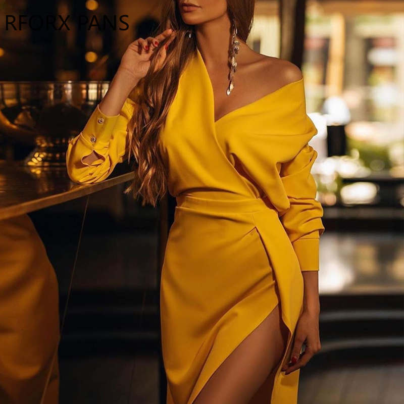 Solid V Neck Slit Dress Bodycon Dress Women Dress, Yellow