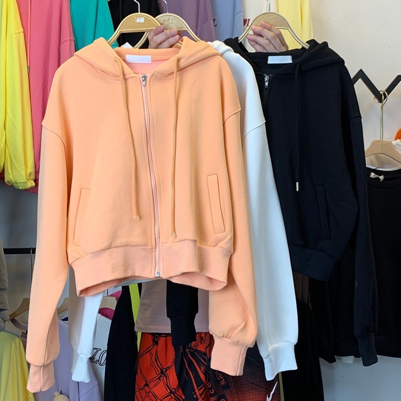 Autumn Sweatshirts Candy Color Solid S-XL Women Hoodies Korean Zipper Hooded Short Hoodie Sweet Tops 18488 210415