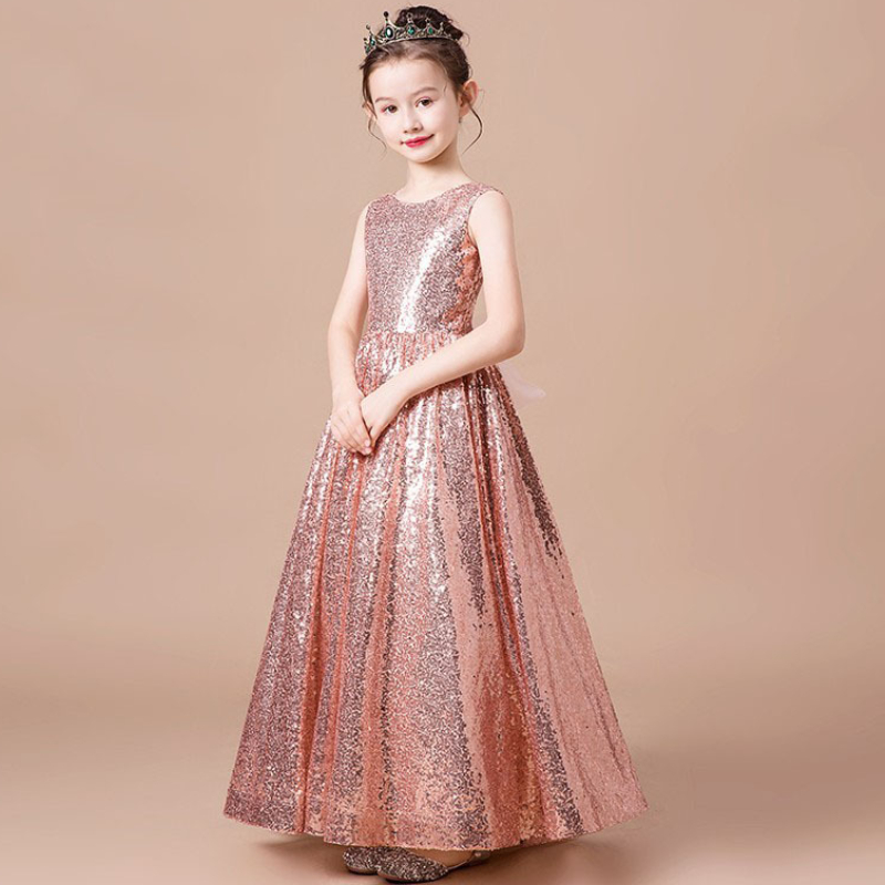 New Arrival Sparkly Sequined Ball Gown Flower Girl Dresses Cute Pink Sequined Long Birthday Party Gown Cheap Girl Foiormal Pageant Dresses