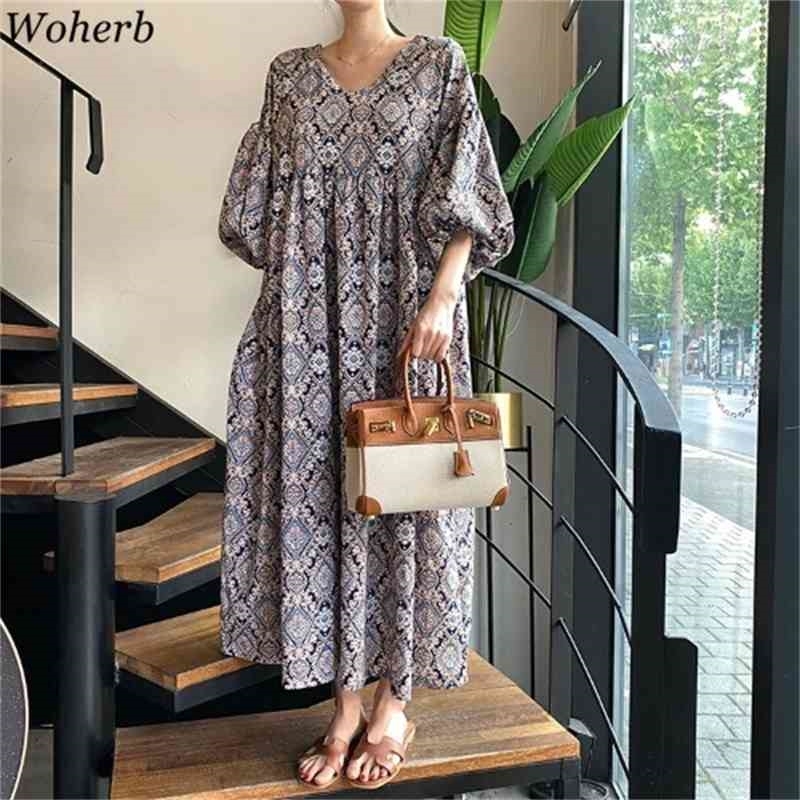 Boho Bohemia Vestidos Summer Dress Women Vintage Print Lantern Sleeve Robe Female Loose Long Dresses Korean Chic 210519