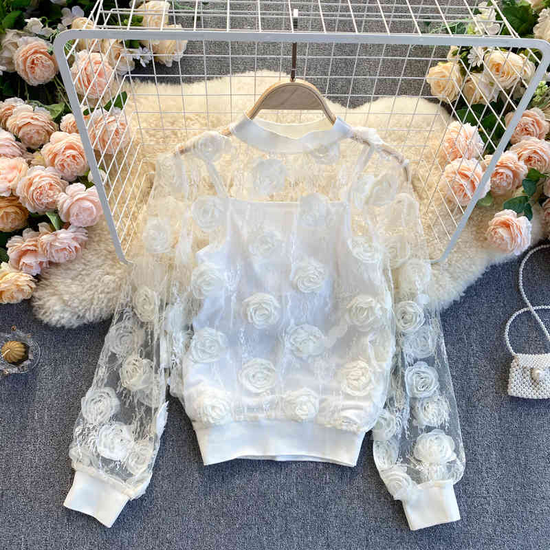 Nomikuma Korean 3D Floral Blouse Sets Perspective Mesh Sweet Puff Sleeve O-neck Lace Shirt + Basic Sling Vest Women Suits 6E027 210427