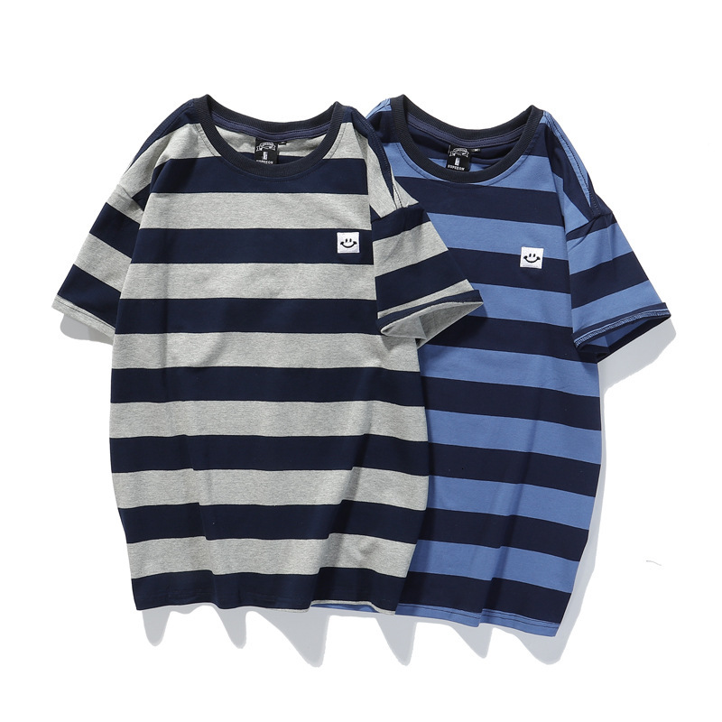 t shirt striped short sleeve men's and women's loose fit korean 2021 spring smiling face lovers' versatile cotton, White;black
t shirt striped short sleeve men's and women's loose fit korean 2021 spring smiling face lovers' versatile cotton, White;black