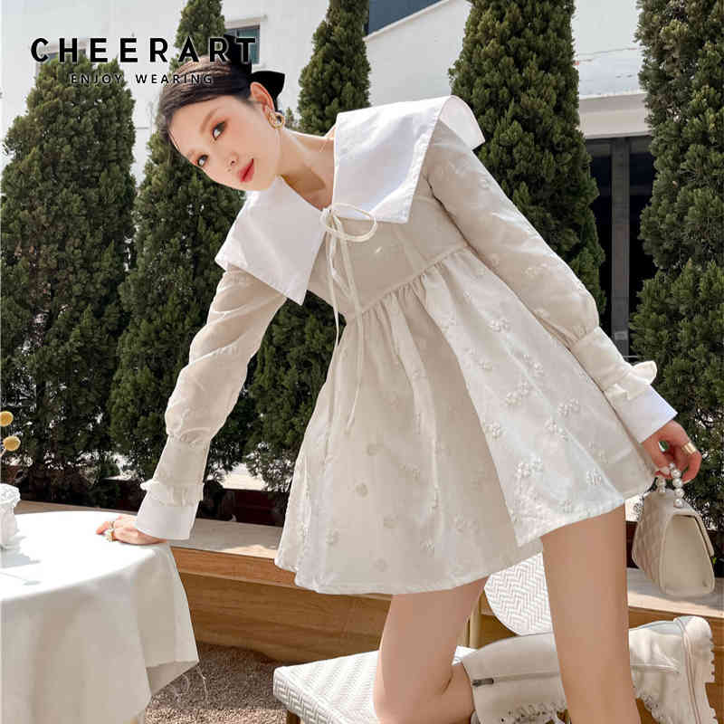 Sailor Collar Jacquard Long Sleeve Mini Dress Women Tie Neck Tunic A Line Fashion Korean Outfit Spring 210427