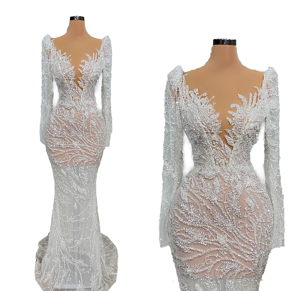 Saudi Arabia Pearls Mermaid Wedding Dress Sexy V Neck Long Sleeve Luxury Lace Sequins Appliques Bridal Gowns Crystal Bride robes de mariée