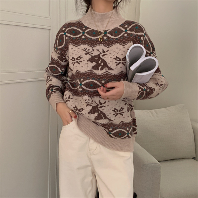 Autumn Winter OL Outwear Vintage Red Print Christmas Pullover Tops Warm Sweater Women Elegant Loose Knitted Sweaters 210421