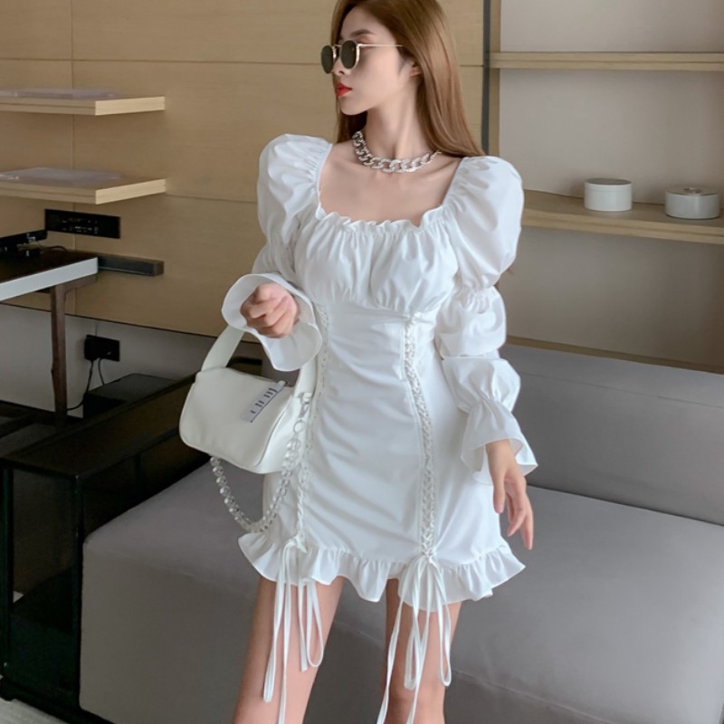 Summer Retro Stitching Wood Ears Lace Cross Lacing Up Puff Sleeve Club Dress for Woman White Casual Mini Dresses 210519