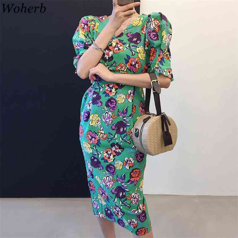 Summer Dresses Print Floral Bandage V Neck Sexy Bodycon Vestidos Short Puff Sleeve Sweet Beach Style Robes Femme 210519