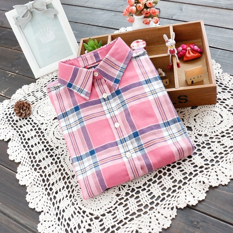 Autumn Fashion Women Plaid Shirts Flannel Shirt Lapel Long Sleeve Blouse Shirt Casual Loose Cotton Blusas Tops Office Lady Shirt 210401