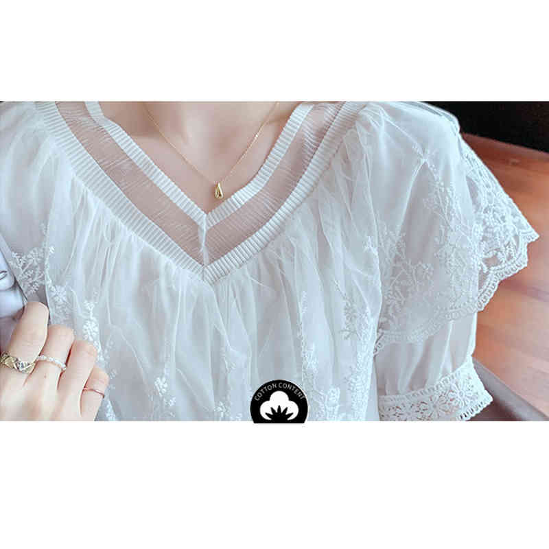 Front and Back Two Wear Summer Sweet Blouse V-neck Temperament Loose Ruffled Lace Short Sleeve Blouses Women 14288 210506