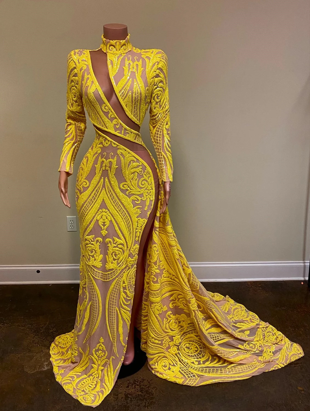 Long Sleeve Sexy Prom Dresses 2022 High Neck Side high Slit Yellow Sequin applique African Black Girls Mermaid evening Party Gowns