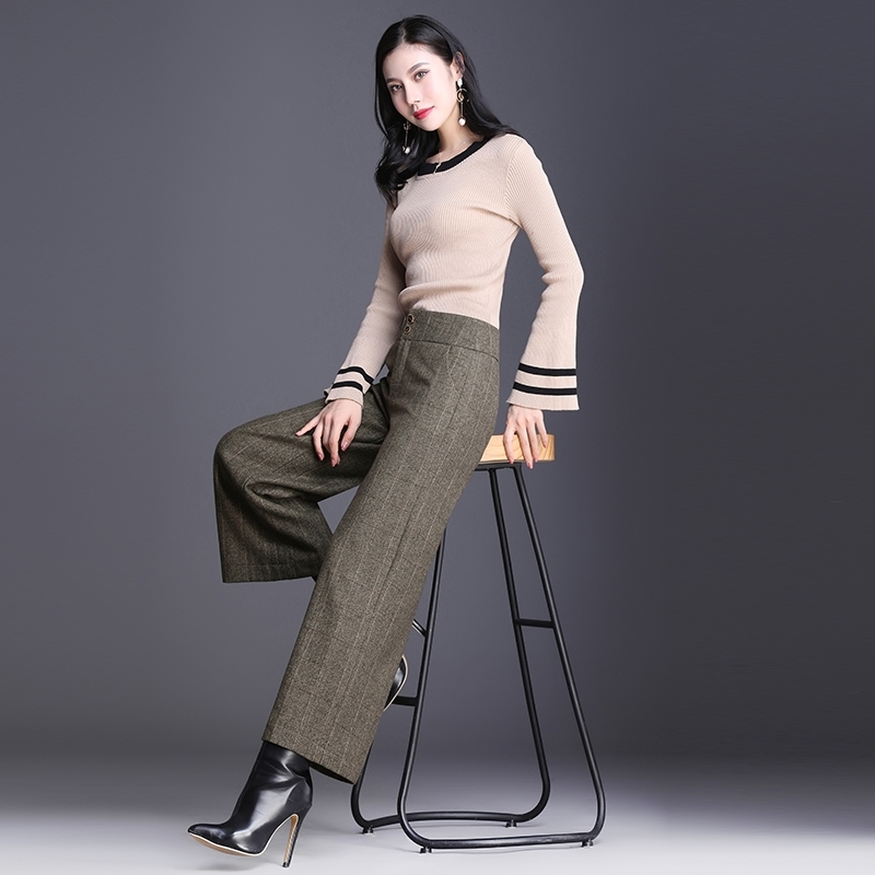 Women's woollen broad Legged Pants women's Autumn Winter High Waist Nine Point Straight Loose Thin Woolen Plaid 668i 210420
