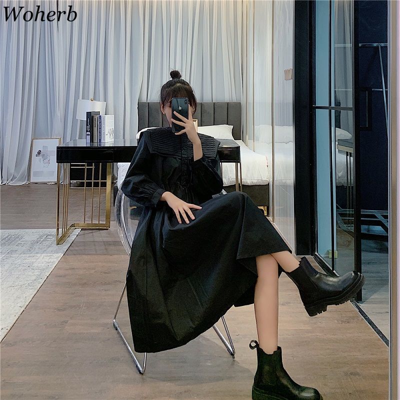 Korean Fashion Loose Long-sleeved Dress Women's Spring Summer Gothic Pleated Midi Dresses Vestido Feminino 210519