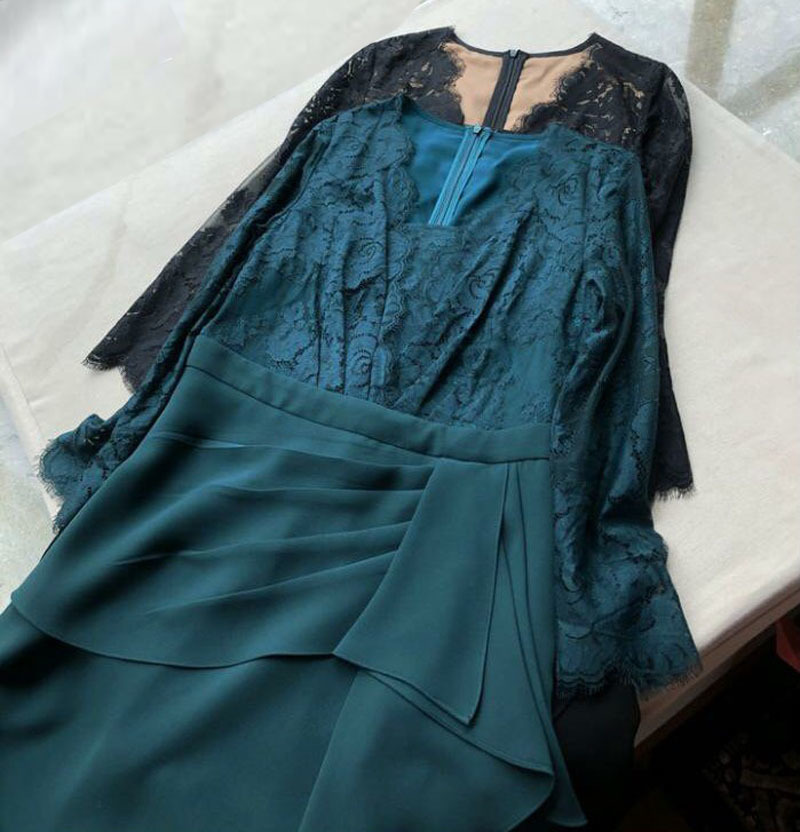 elegant vintage dark green ruffles patchwork midi dress for women casual office lady lace high waist dresses robe fashion 210421