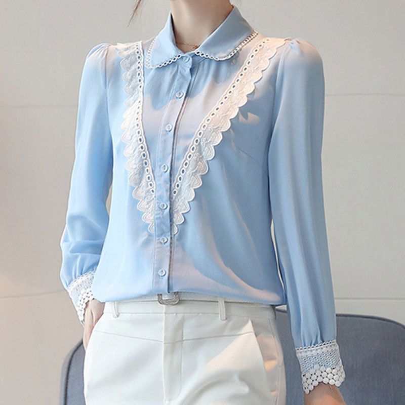 Blouse Women Spring Chiffon Shirt for Tops Button Solid Long Sleeve Ladies Lace Blusas Mujer De Moda 7962 50 210508