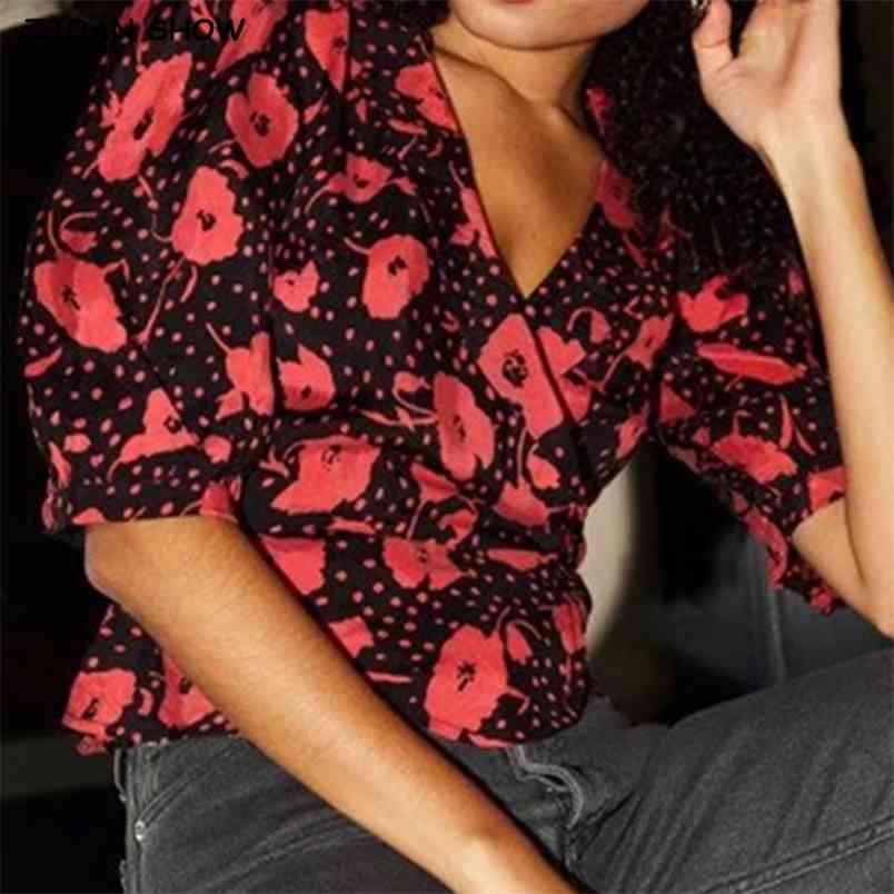Vintage France Style Half Sleeve Wrap Shirt Fashion Red Floral Print Black Blouse Women Chic Short Tops 210429