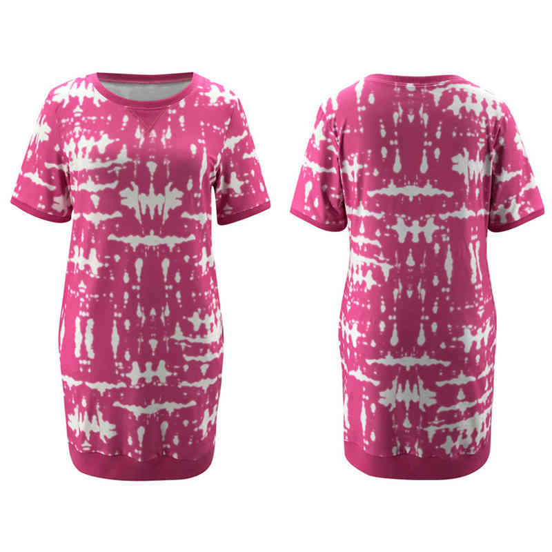 Summer T-shirt Dress Women Casual O Neck Short Sleeve Tie Dye Printed Straight Mini Female With Pocket Split Loose es 210522