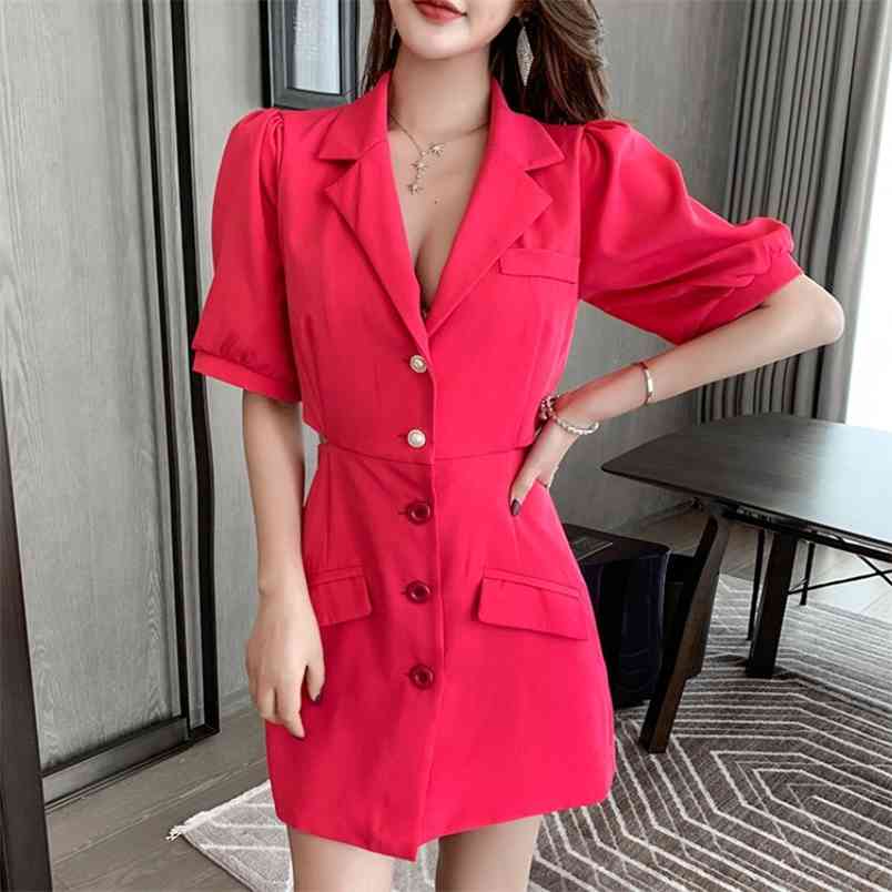 Sexy Hollow Out Waist Casual Dress For Women Retro Fashion Notched Puff Sleeve Mini Blazer Female 210519