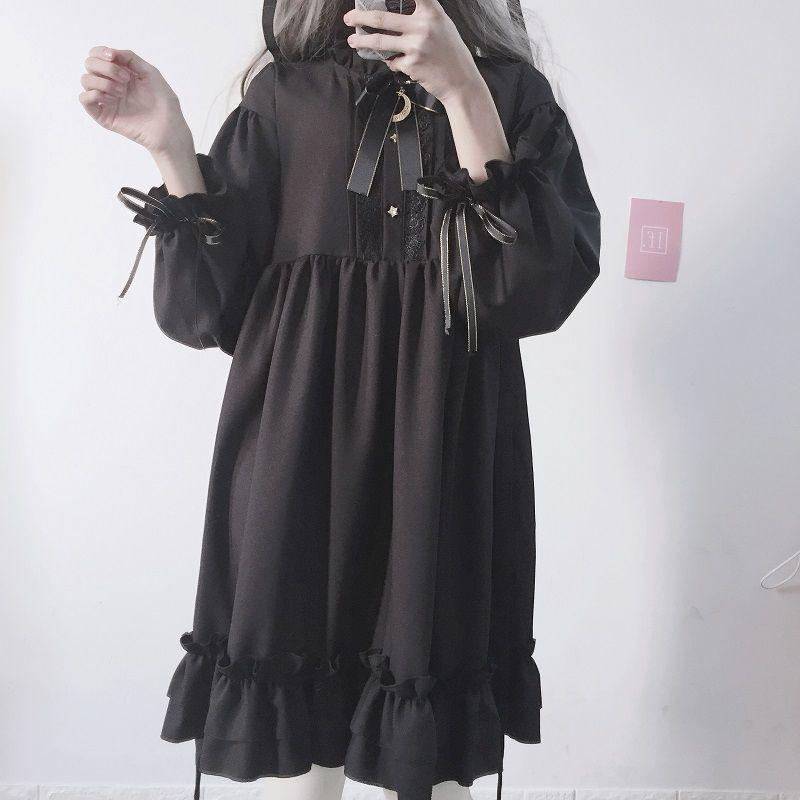 Casual Dresses QWEEK Dark Academia Style Gothic Dress Japanese Harajuku Ruffle Black Vintage Party Long Sleeve Cosplay Clothes Women