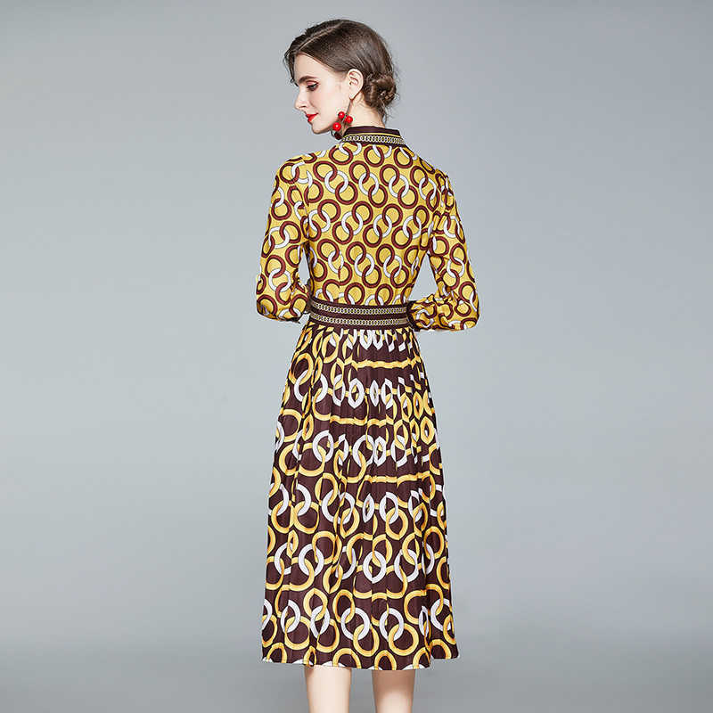 Fashion Elegant Yellow Women Shirt Dress Autumn Slim Female Vintage Long Sleeve Turn-Down Collar Print Party Dresses Vestidos 210525