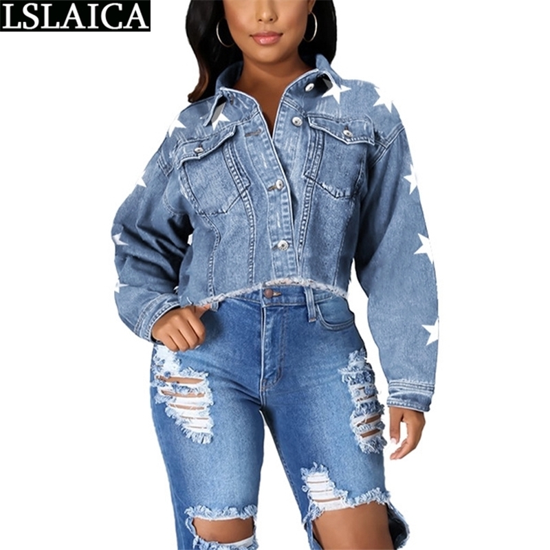 Denim Jacket Women Casual Long Sleeve Cropped Fall Stars Print Single Breasted Turn-down Collar Short Coats 210515