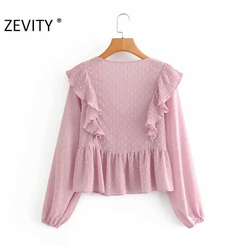 ZEVITY women fashion v neck press pleated ruffles casual smock Shirts Blouse women long sleeve chiffon femininas tops LS7234 210603