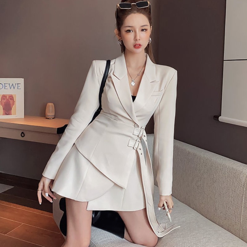Spring Blazer Women Mini Party Dress Office Lady Elegant Female Korean Sashes Long Sleeve Slim Vestidos 210519