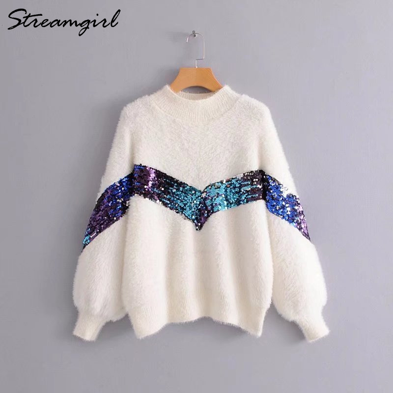 Mohair Sweater With Sequins Women White Turtleneck Sweater Pullover Sweaters Women Sweters Patch Thick Winter Warm Sweaters 210421