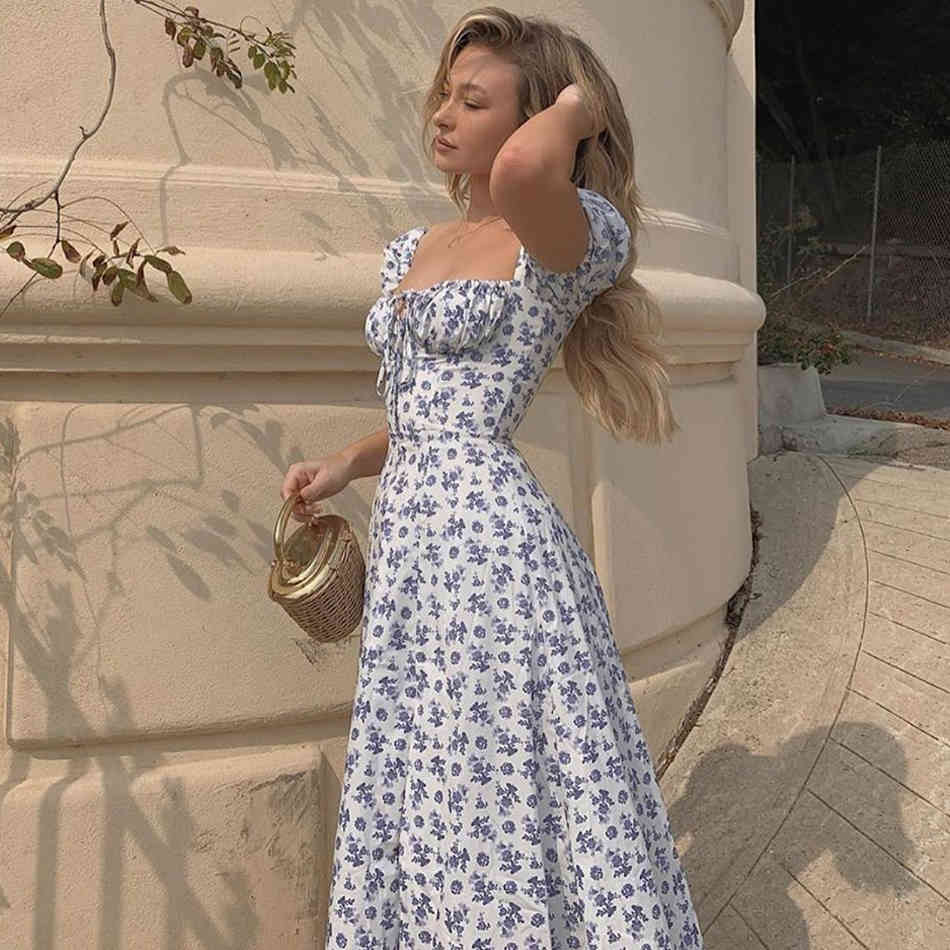 Summer Fashion Blue Print Midi Dress Sexy Women Short Lantern Sleeve Club Evening Party Celebrity Runway Dresses 210423