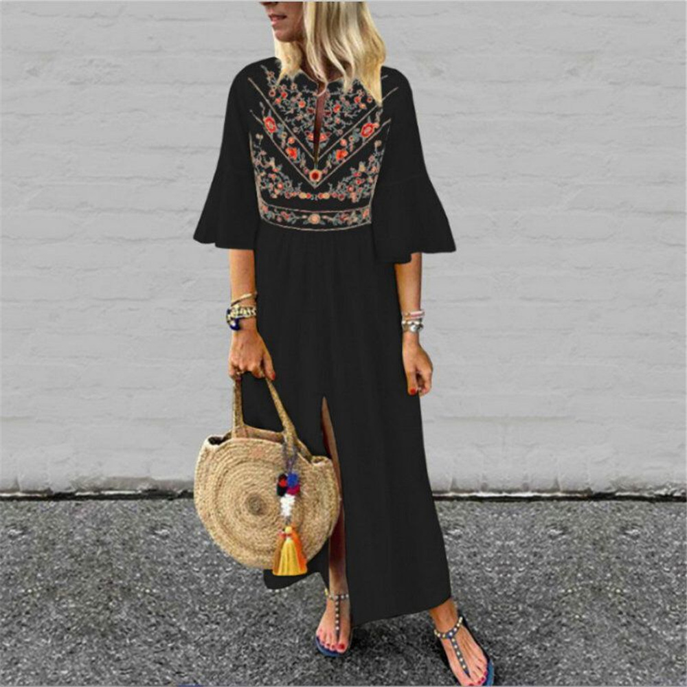 Women Dress Flare Sleeve V-neck Embroidery Print Vintage Dresses Black White Pink Bohemian Clothes 210513