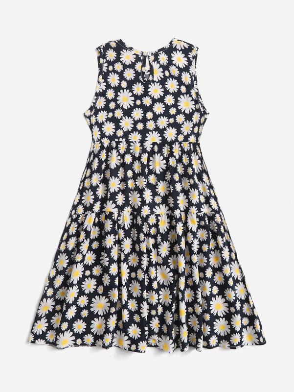 Girls Allover Floral Print Keyhole Back Dress SHE