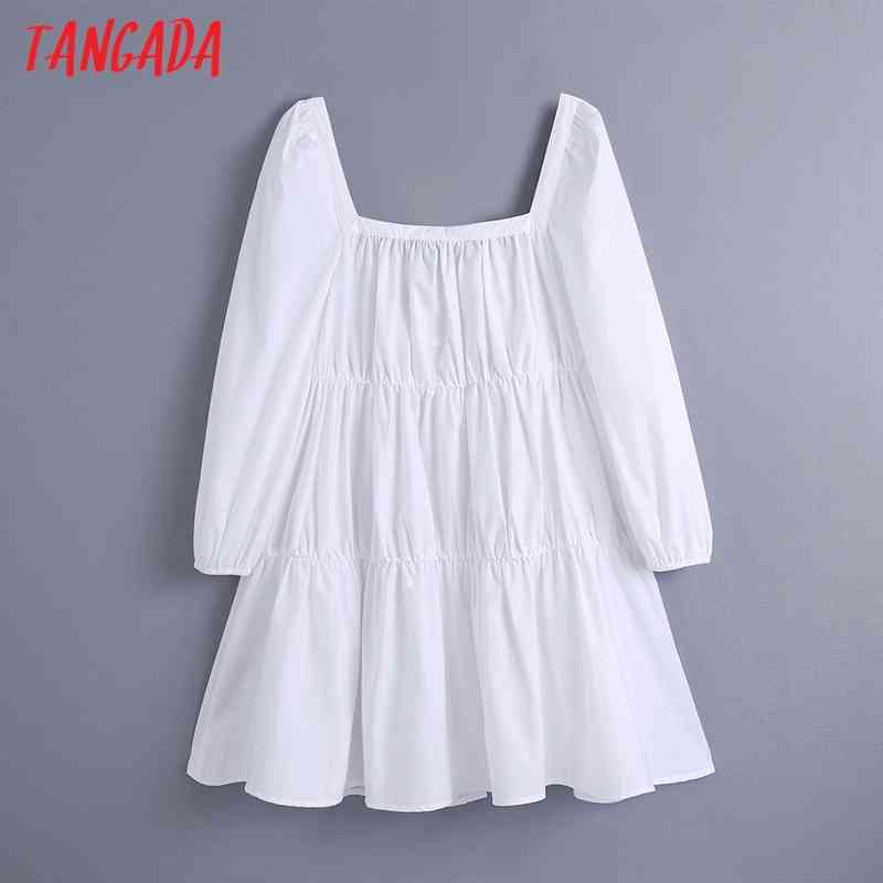 Women Fashion Square Collar White A-line Dress Vintage Long Sleeve Female Short Dresses Vestidos Mujer BE510 210416
