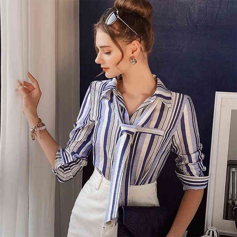 Dabuwawa Casual Striped Shirt Women Spring Autumn Long Sleeve Button Tie Shirt Fashion Women's Shirt Spring Top DO1AST032 210520