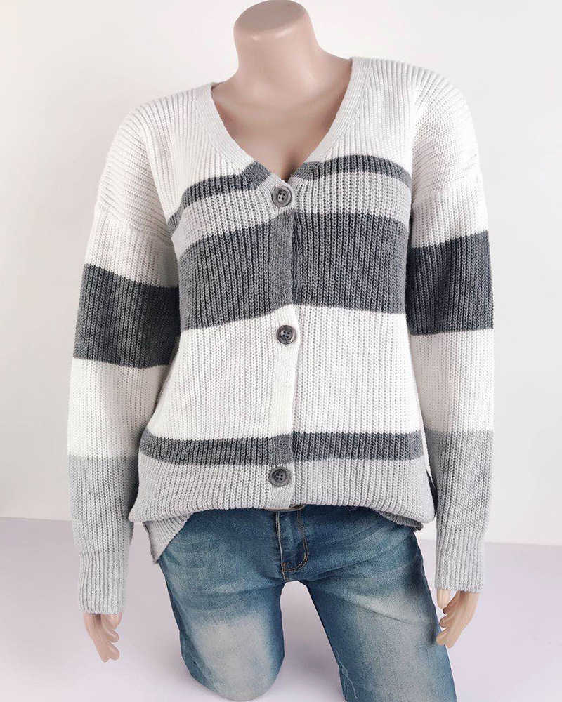 Autumn Deep V-Neck Striped Sweater Women Long Sleeve Buttons Knit Cardigan Sexy Ladies Fashion Casual Loose Grey Mujer 210604