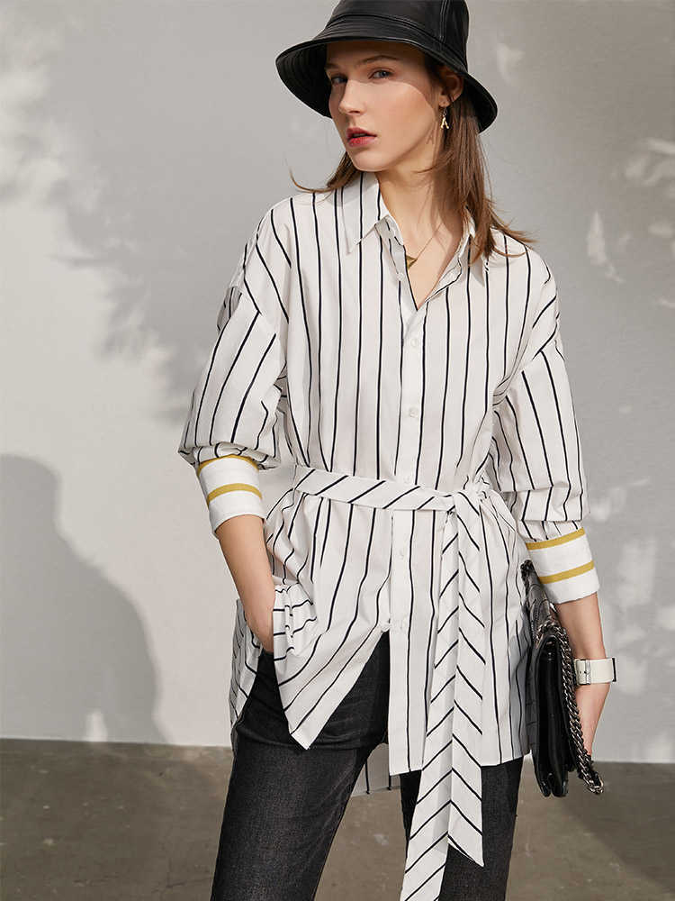 Minimalism Spring Fashion Women's Blouse Letter Printed Stripe Loose Female Shirt Causal Tops 12170225 210527