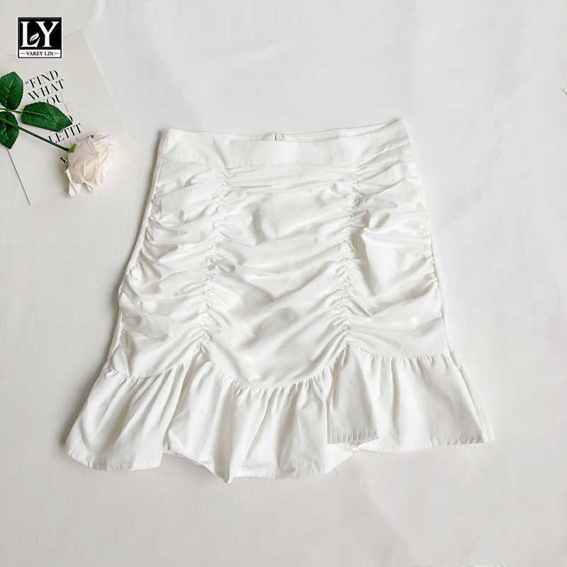 LY VAREY LIN Spring Summer Women Casual Solid Color Mini Mermaid Skirt Office Lady High Waist Folds Ruffles Short 210526