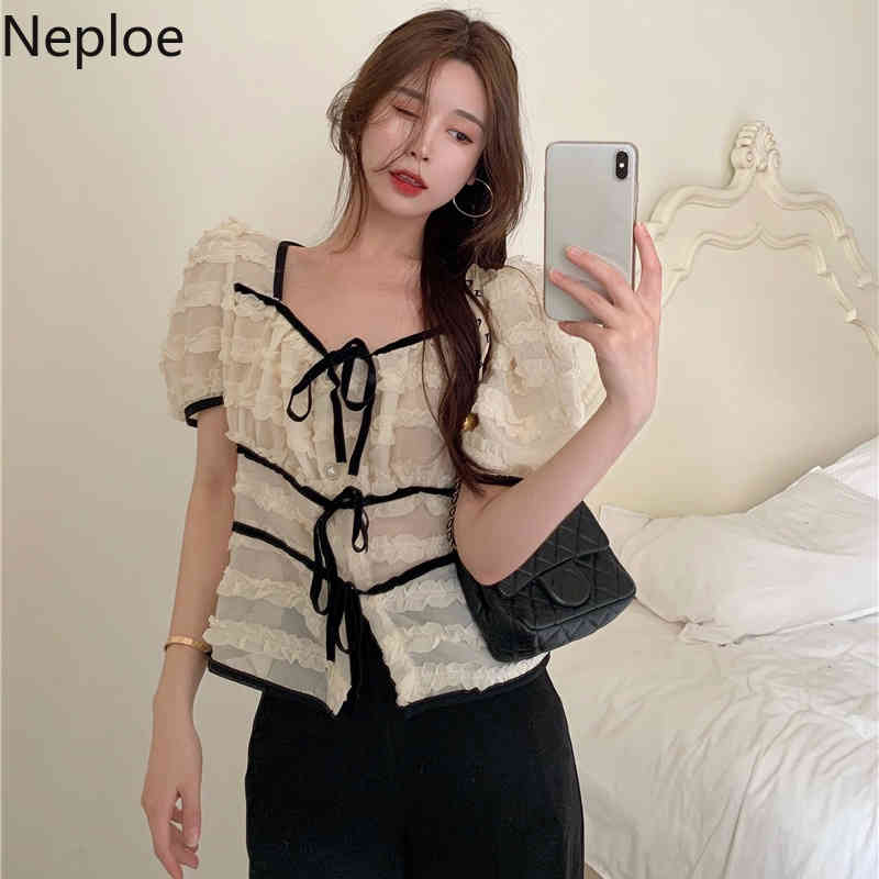 Neploe Korean Chiffon Shirt Women Contrast Color Patchwork Blusas Mujer Puff Sleeve Square Collar Blouses Summer Bow Chic Tops 210422