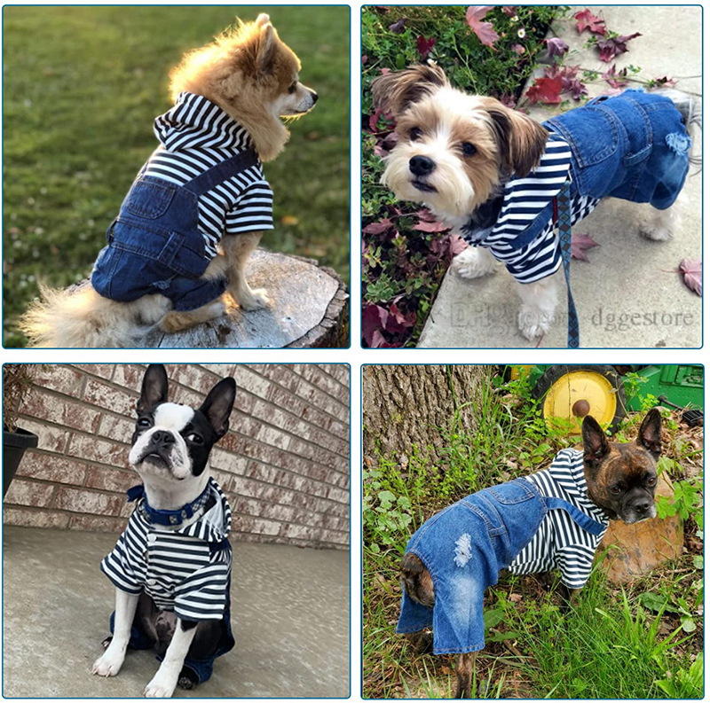 Dog Apparel Denim Striped or Grid Pet Dogs Jumpsuits Puppy Cat Hoodie Jean Coat Four Feet Clothes for Small Doggy Teddy Yorkies Sweatshirt Jeans Blue 