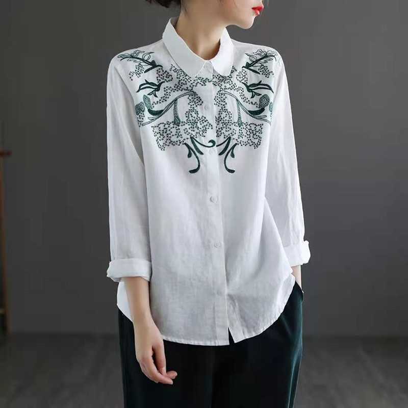 Spring/autumn Women Loose Long Sleeve Embroidery Blouse Turn-down Collar Single Breasted Cotton Linen Casual Shirts W64 210608, Dark blue
Spring/autumn Women Loose Long Sleeve Embroidery Blouse Turn-down Collar Single Breasted Cotton Linen Casual Shirts W64 210608, Dark blue